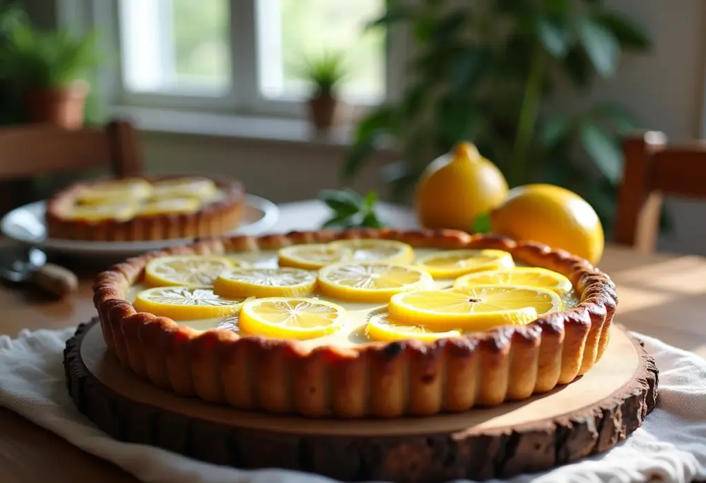 Torta de ricota com limão em mesa rústica