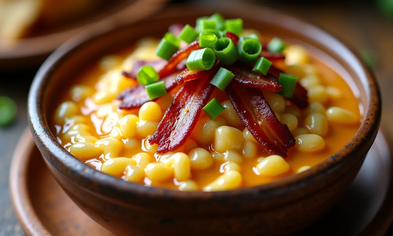 Tutu de feijão cremoso em tigela rústica, com bacon crocante e cebolinha verde.