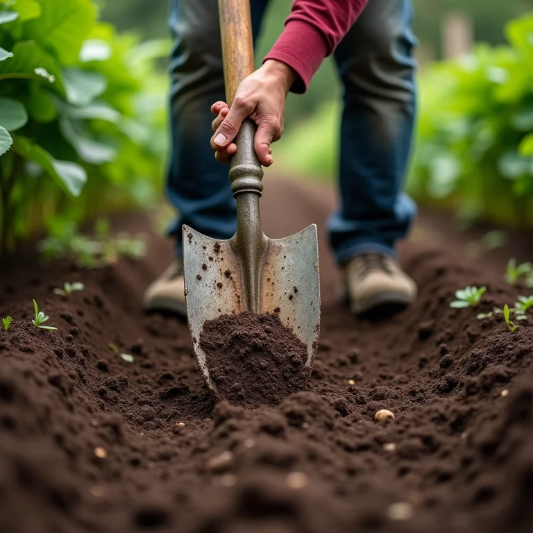 Um agricultor preparando o solo para o plantio de inhame com uma enxada.
