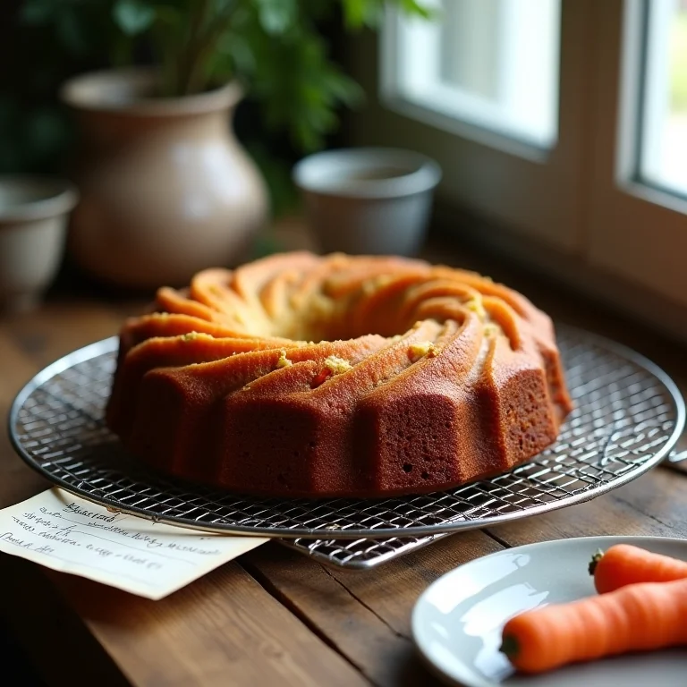 Um Bolo de Cenoura recém-saído do forno, esfriando em uma grade.