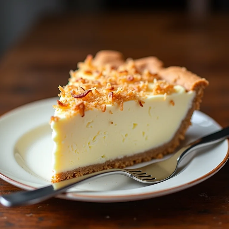 Uma fatia de torta de coco cremosa em um prato.