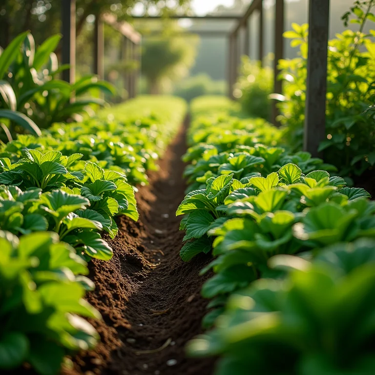Uma horta próspera com plantas podadas regularmente.