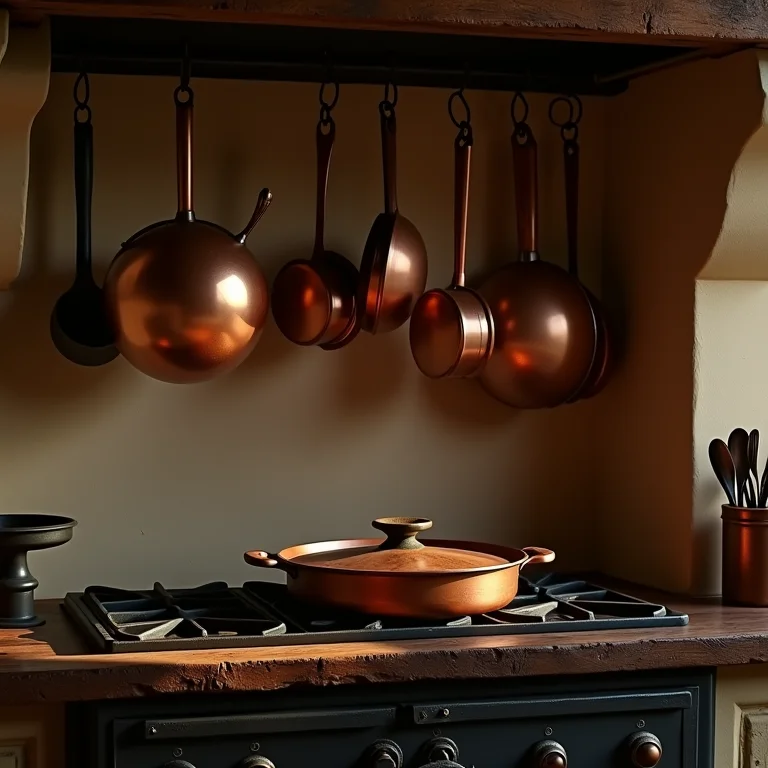 Utensílios de cobre e ferro em cozinha rústica.