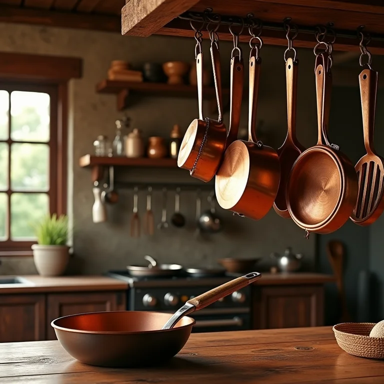 Utensílios de cobre pendurados em cozinha rústica.