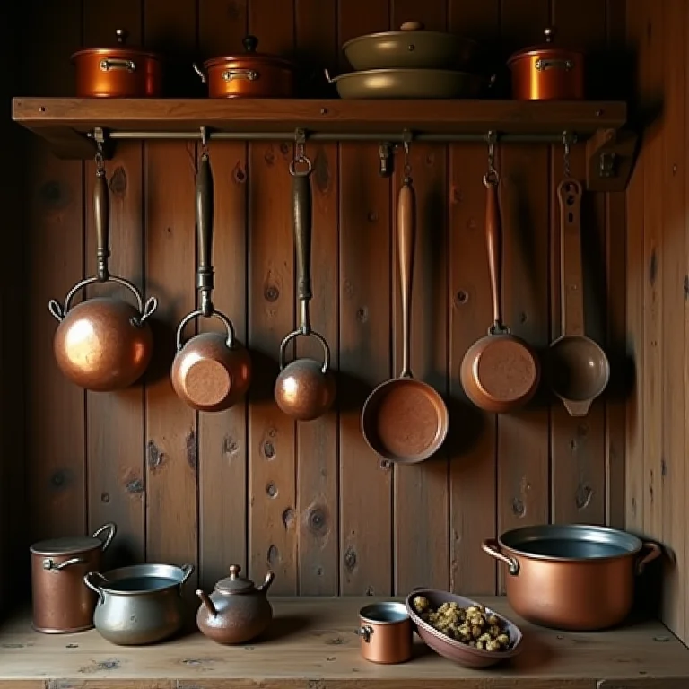 Utensílios de cozinha antigos pendurados em parede de madeira.