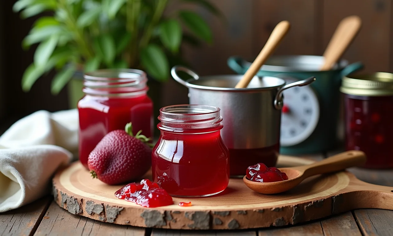 Utensílios indispensáveis para fazer geleia de kiwi: panela, colher de pau, concha, potes, balança de cozinha.