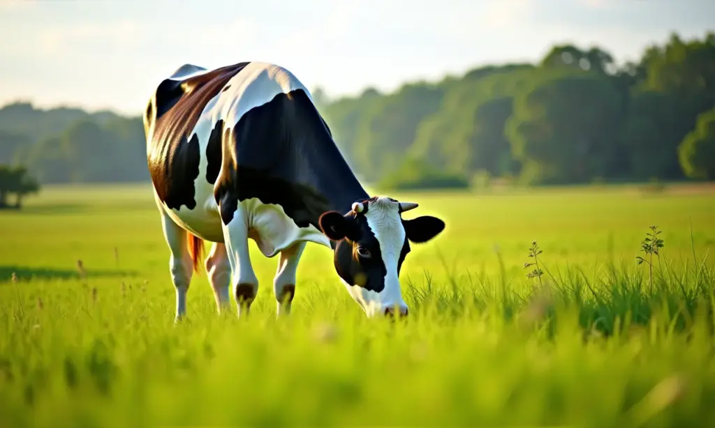 Vaca Holandesa pastando em paisagem brasileira.