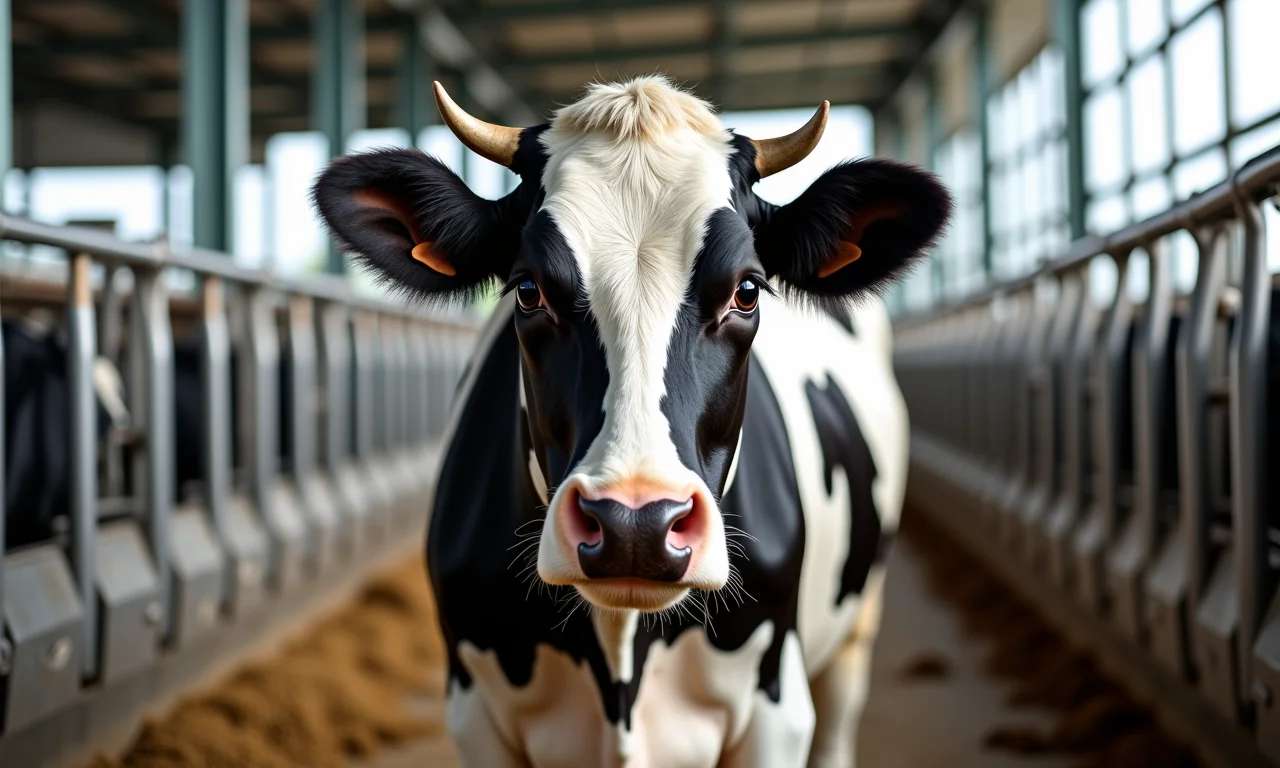 Vaca Holandesa produzindo leite em fazenda moderna.