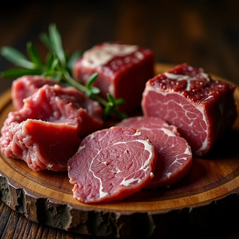 Variedade de cortes de carne seca em uma tábua de madeira.