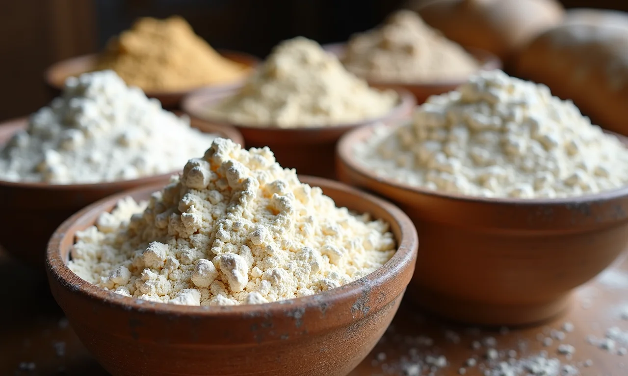 Variedade de farinhas de trigo para panificação em tigelas rústicas.