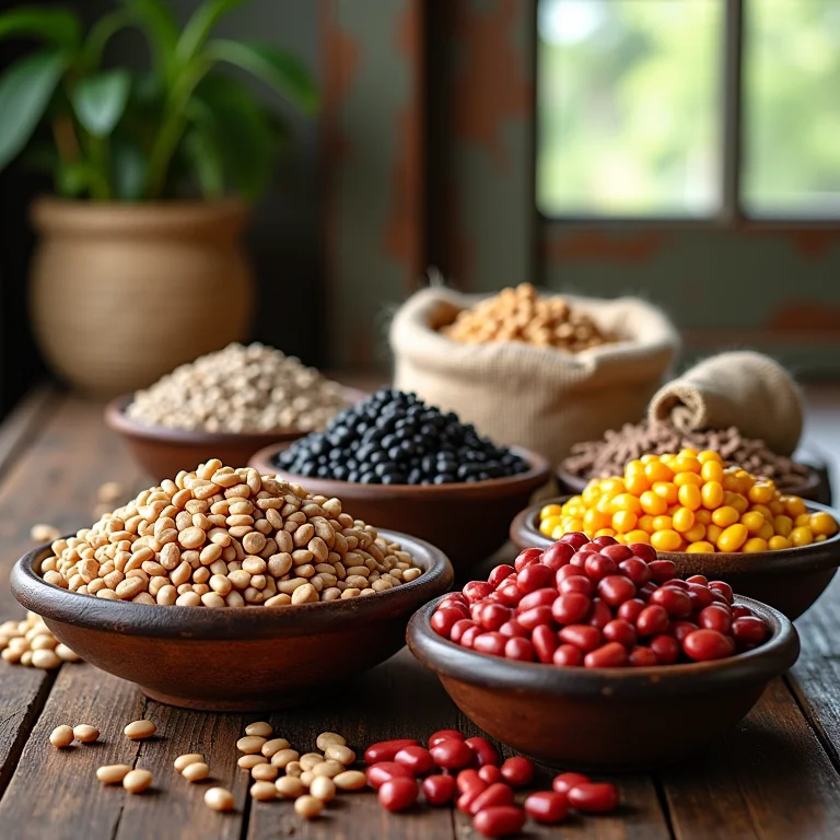 Variedade de feijões secos em recipientes rústicos.