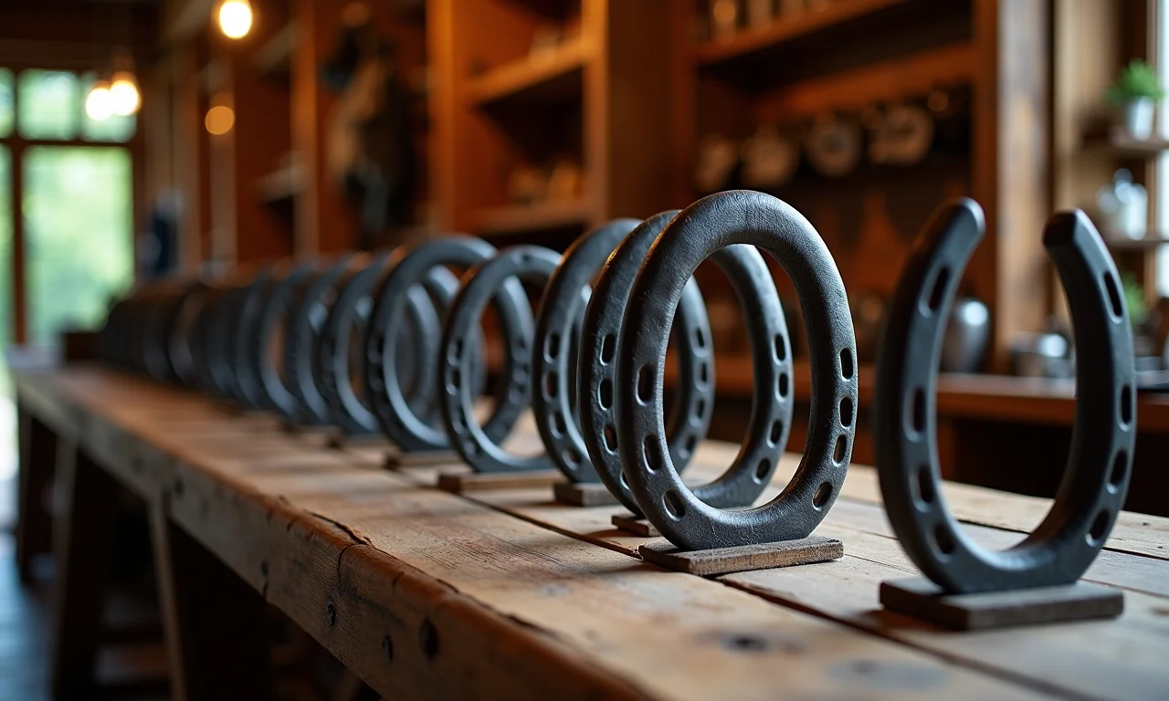 Variedade de ferraduras em exposição em loja.