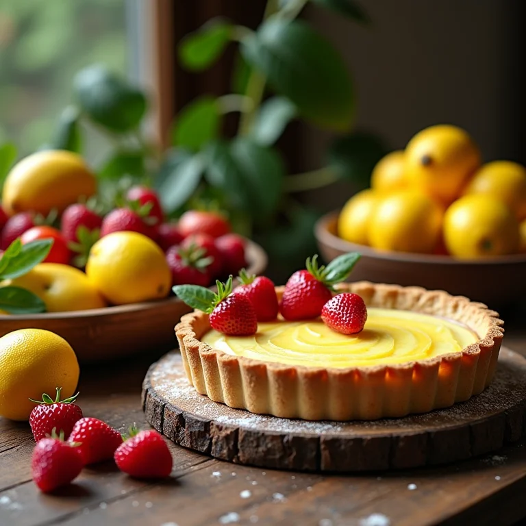 Variedade de frutas frescas ao lado da torta