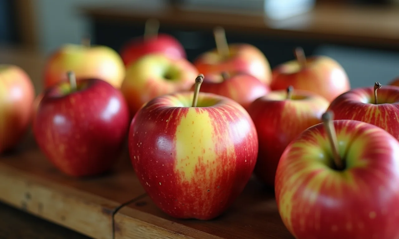 Variedade de maçãs prontas para assar em uma cozinha rústica.