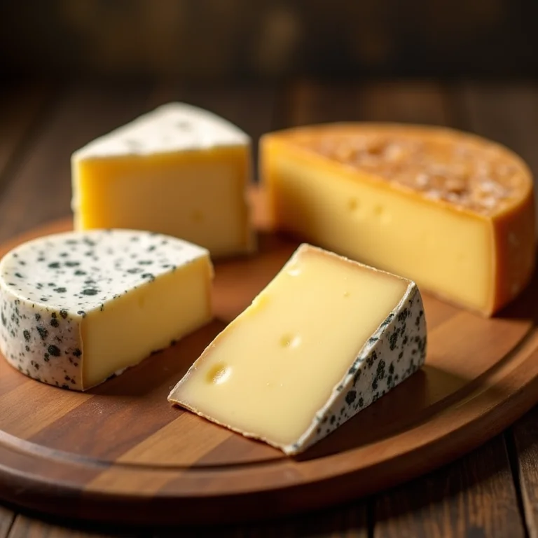 Variedade de queijos artesanais em tábua de madeira