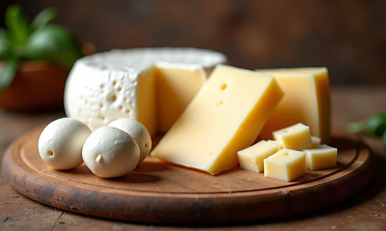 Variedade de queijos Vigor em uma tábua de madeira.