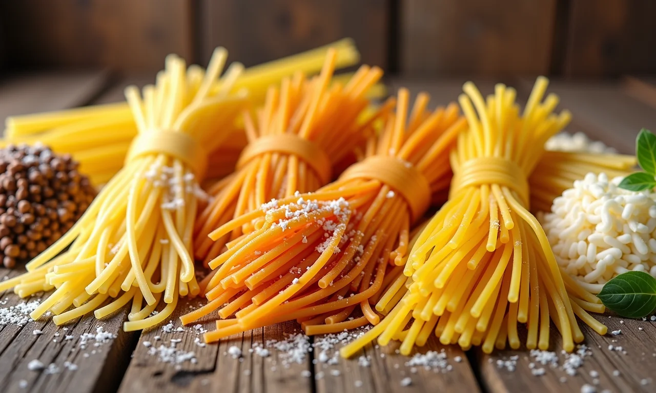 Variedade de tipos de espaguete exibidos em um fundo de madeira rústica.