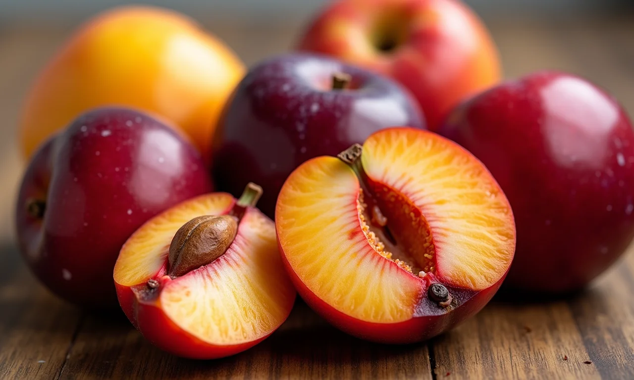 Variedades de ameixas frescas sobre mesa de madeira.
