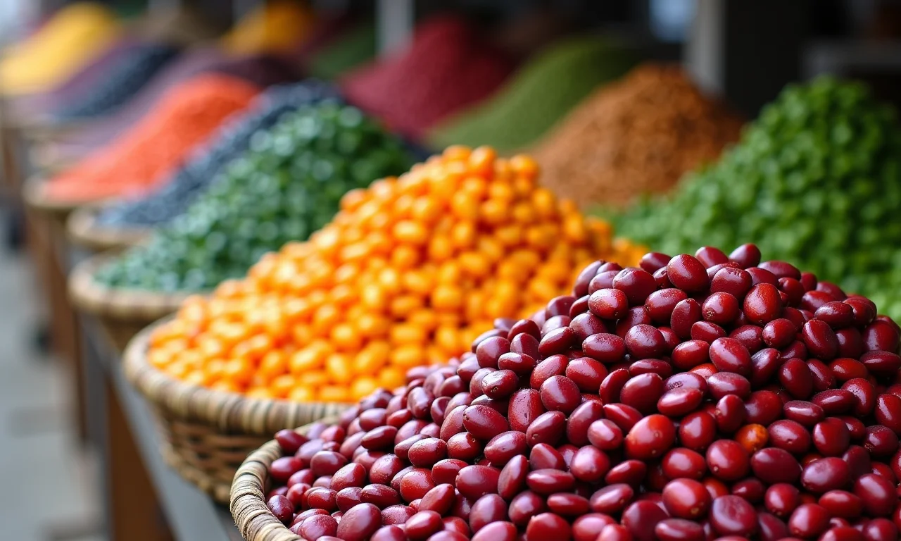 Variedades de feijão caupi expostas em um mercado local.
