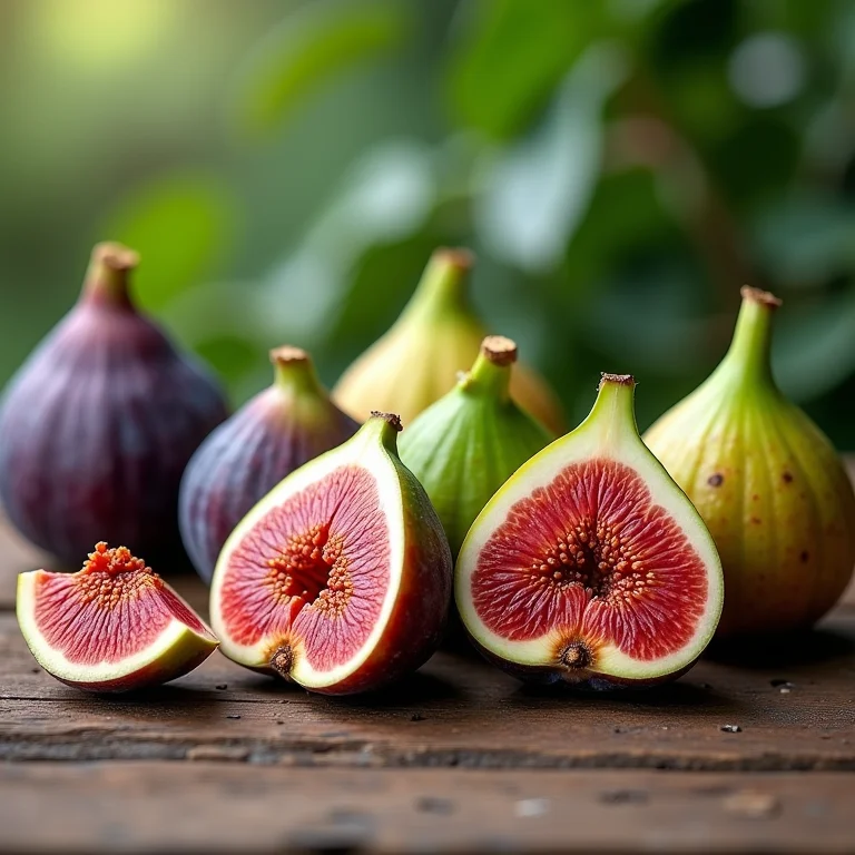 Variedades de figo em exposição em uma mesa de madeira rústica