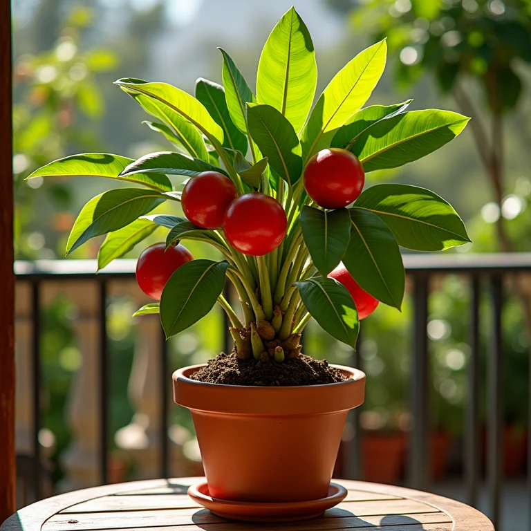 Vaso de pitanga em varanda ensolarada