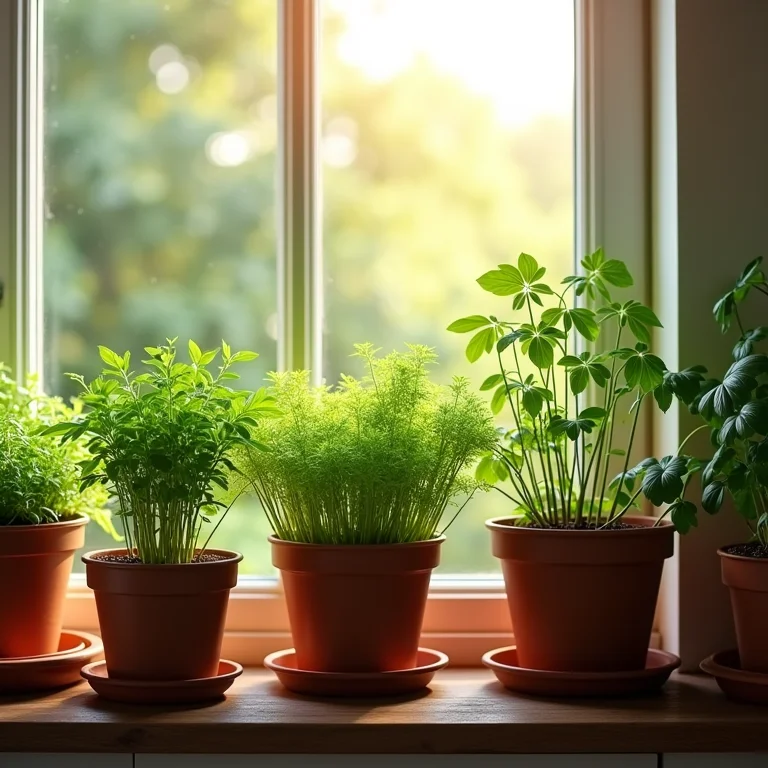 Vasos de ervas aromáticas na janela da cozinha rústica.