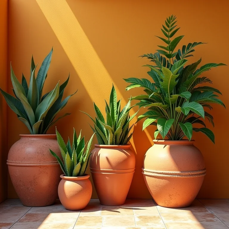 Vasos e cachepots de cerâmica rústica com plantas