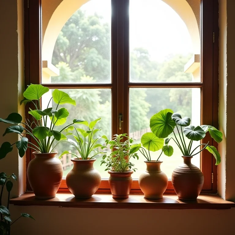 Vasos e cachepots de cerâmica rústica com plantas