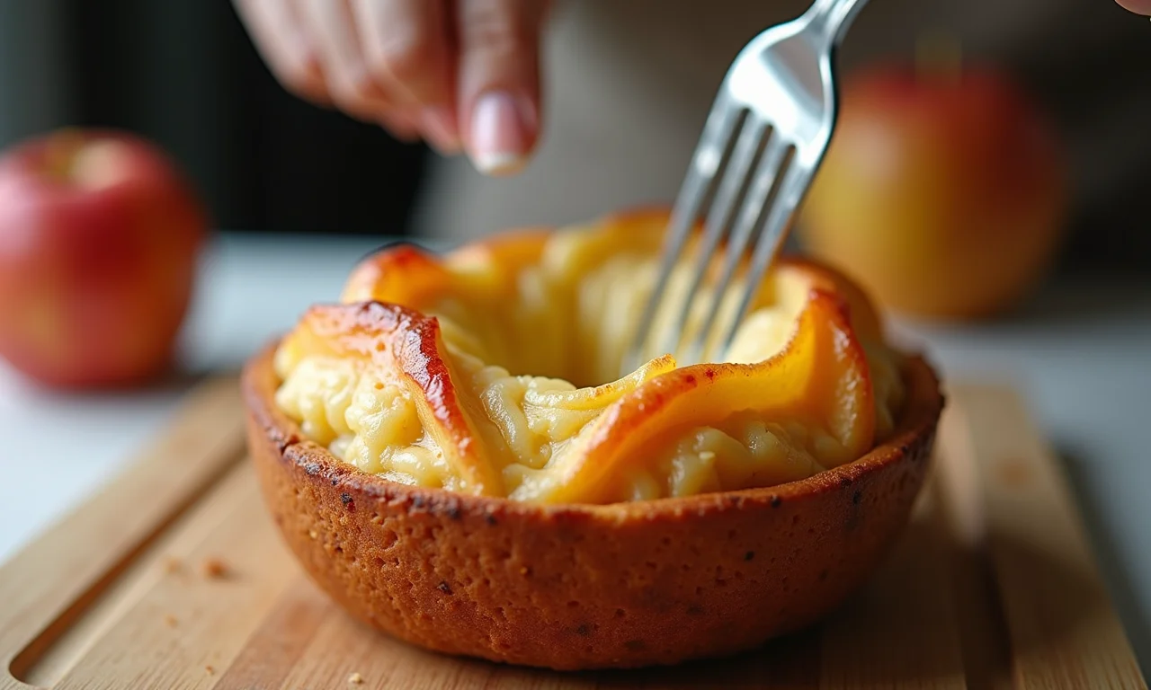 Verificando o ponto da maçã assada com um garfo.