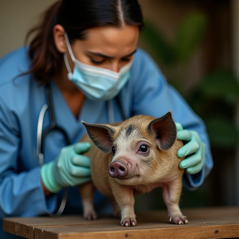 Veterinário examinando mini porco vietnamita