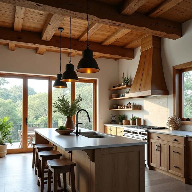 Vigas, luminárias e objetos decorativos de madeira de demolição na cozinha