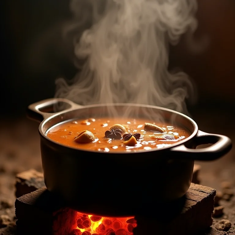 Vinho quente borbulhando no fogão a lenha.
