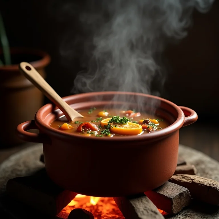 Vinho quente cozinhando em panela de barro no fogão a lenha