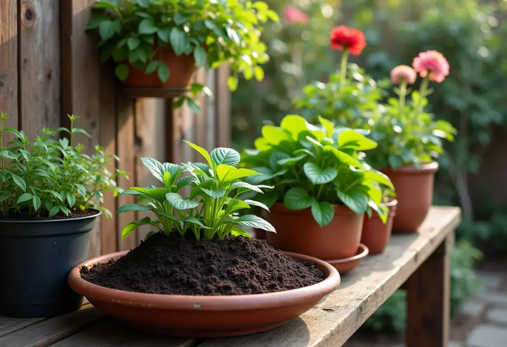 Visão geral de um jardim exuberante utilizando adubo de cinzas, com diferentes recipientes e canteiros cheios de vida.
