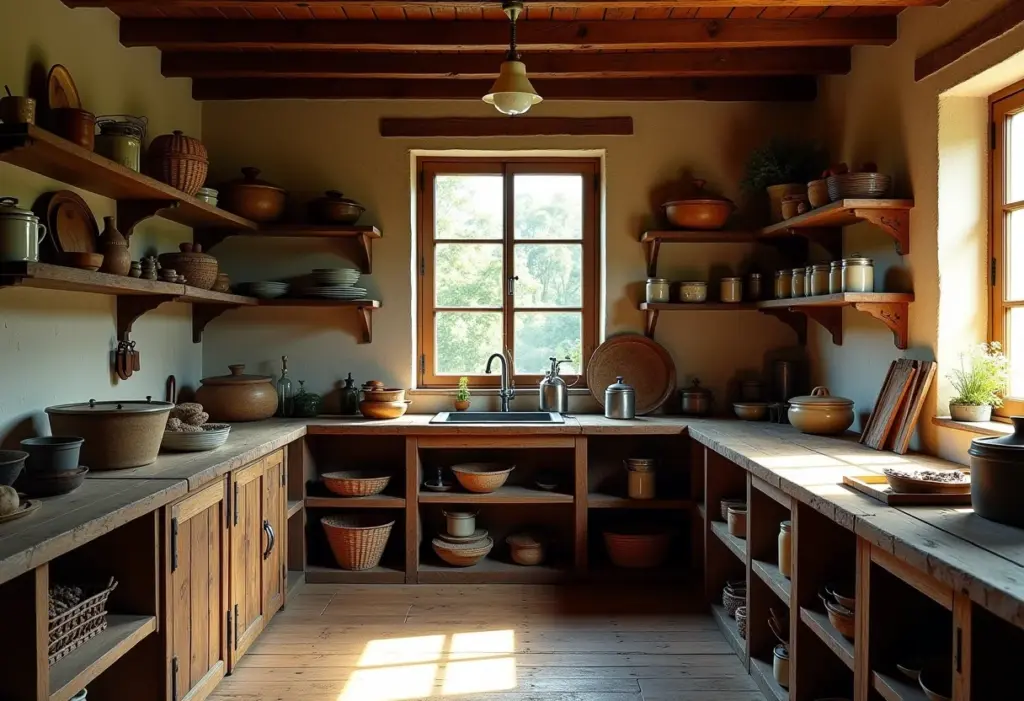 Visão geral de uma despensa rústica em uma cozinha colonial.