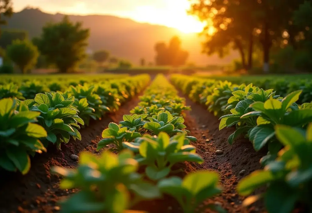 Visão geral de uma horta com plantas saudáveis e adubo de cinzas.