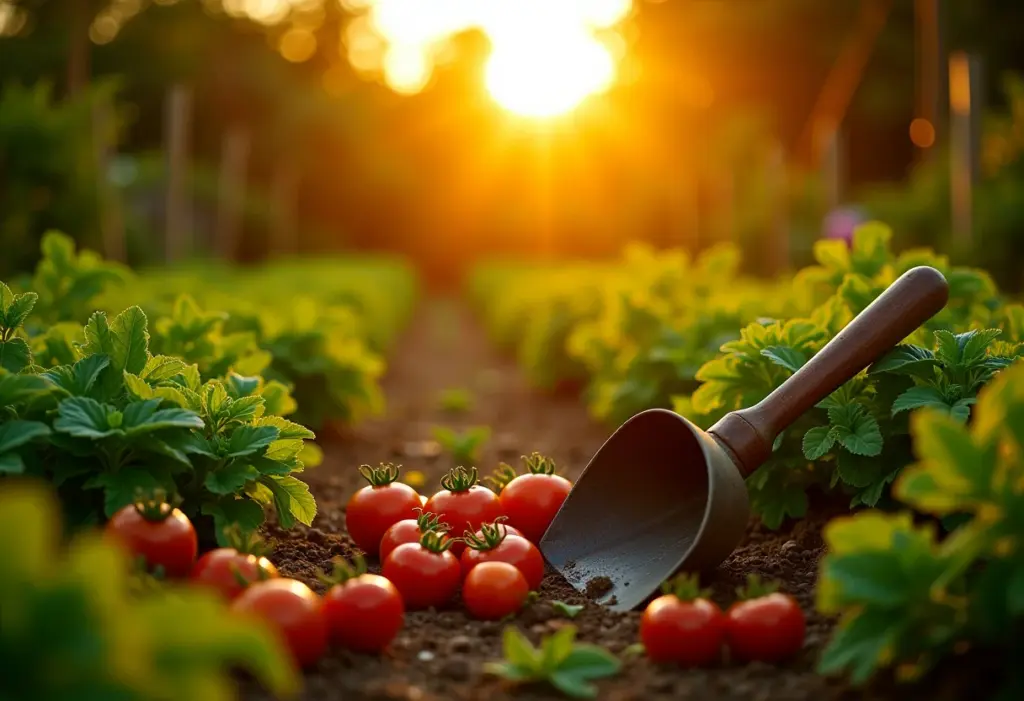 Visão geral de uma horta ensolarada com ferramentas rústicas.