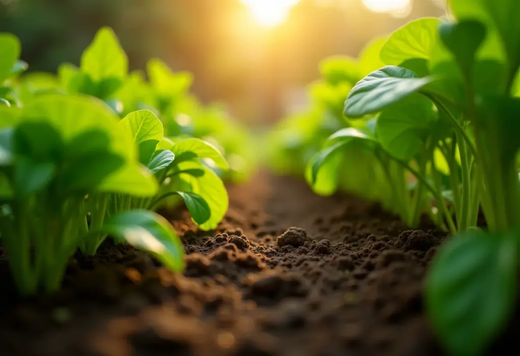 Visão geral de uma horta exuberante com destaque para o uso de turfa no solo.