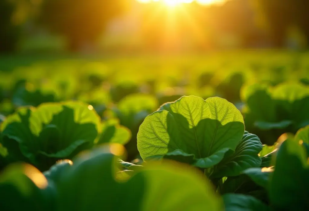 Visão geral de uma horta exuberante com diversas hortaliças.