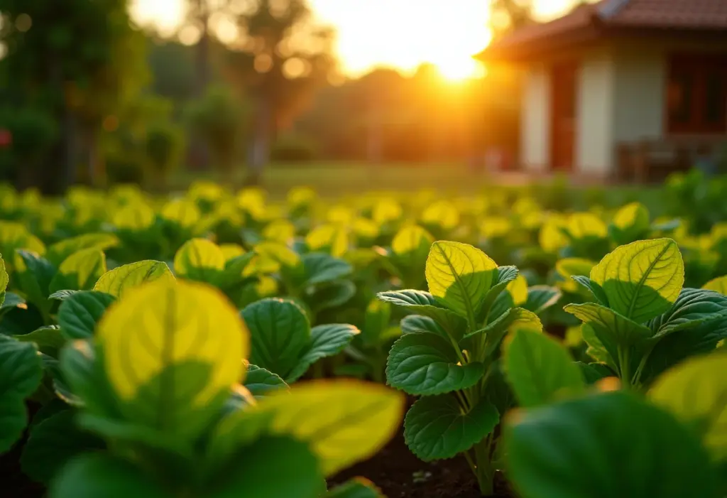 Visão geral de uma horta exuberante com diversas hortaliças.