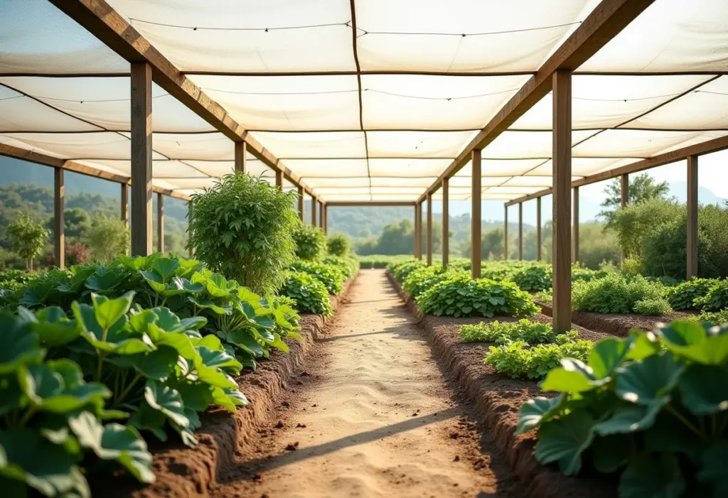 Visão geral de uma horta protegida com telas de sombreamento.