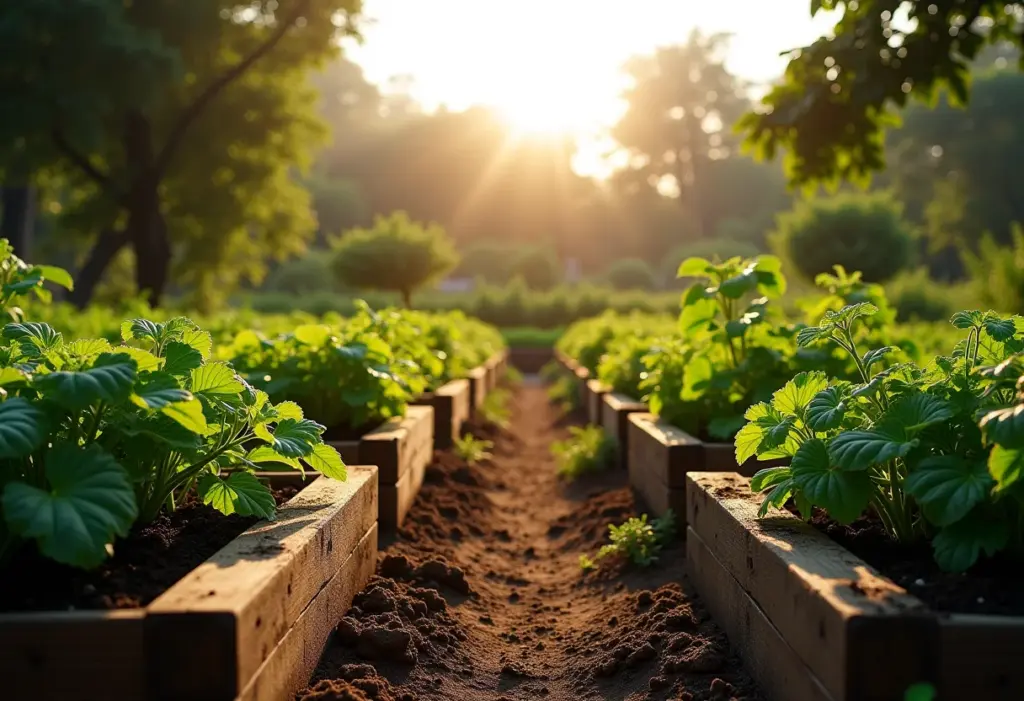 Visão geral de uma horta vibrante em solo argiloso.