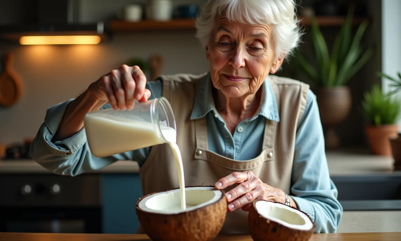 Vovó adicionando leite de coco caseiro à cocada.