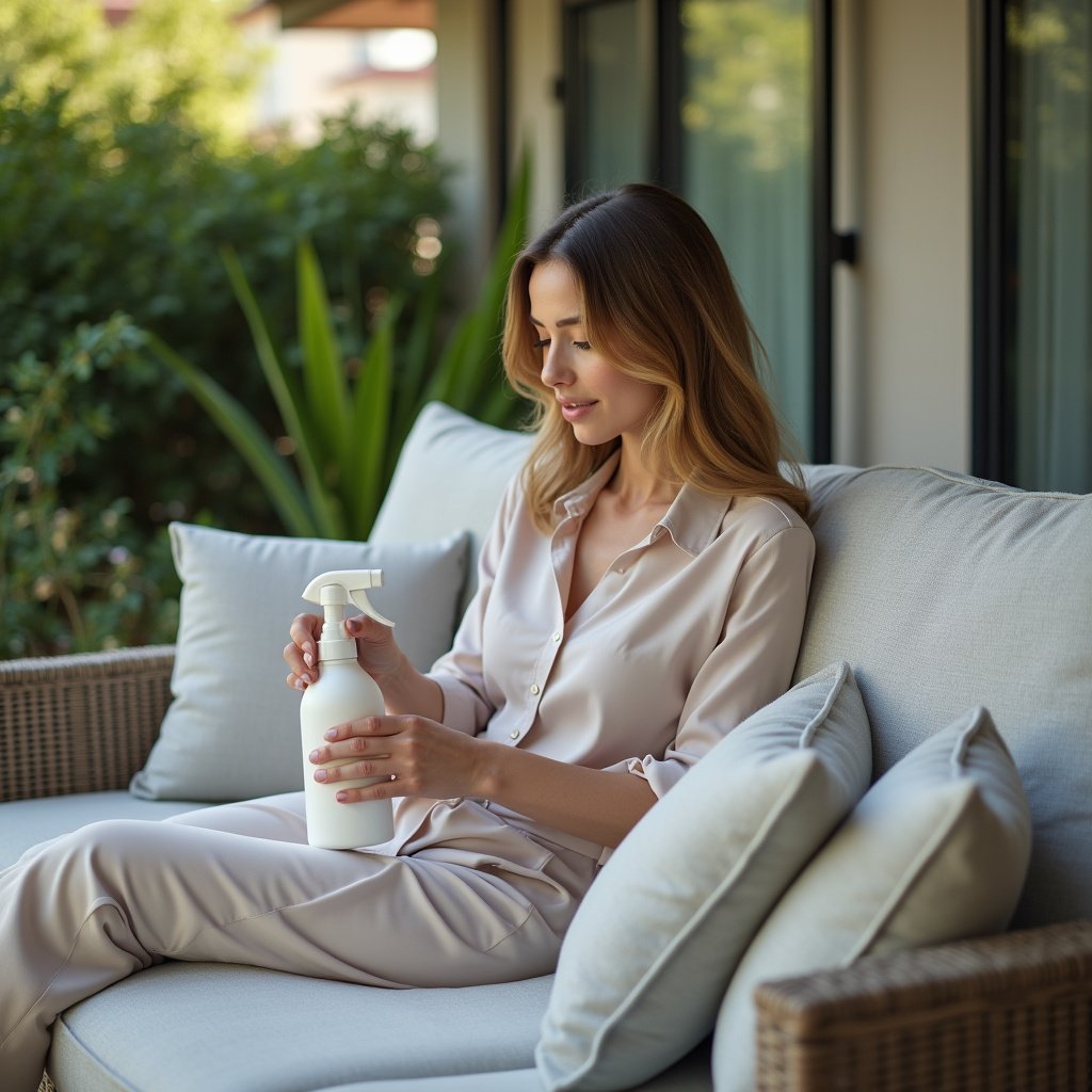 Teste de produto de limpeza em sofá de área externa.