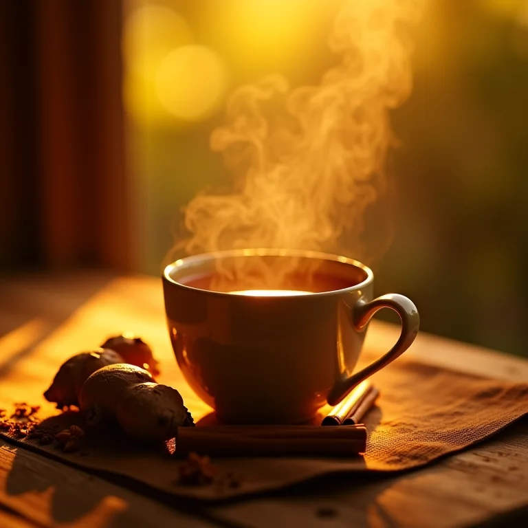 Xícara de chá chai ao lado de gengibre e canela frescos, com raios de sol.