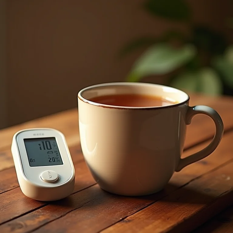 Xícara de chá chai com monitor de glicemia próximo.