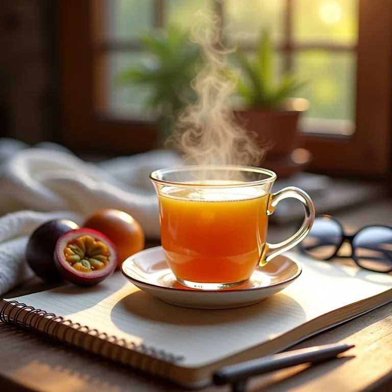 Xícara de chá com bloco de notas e caneta em canto aconchegante.