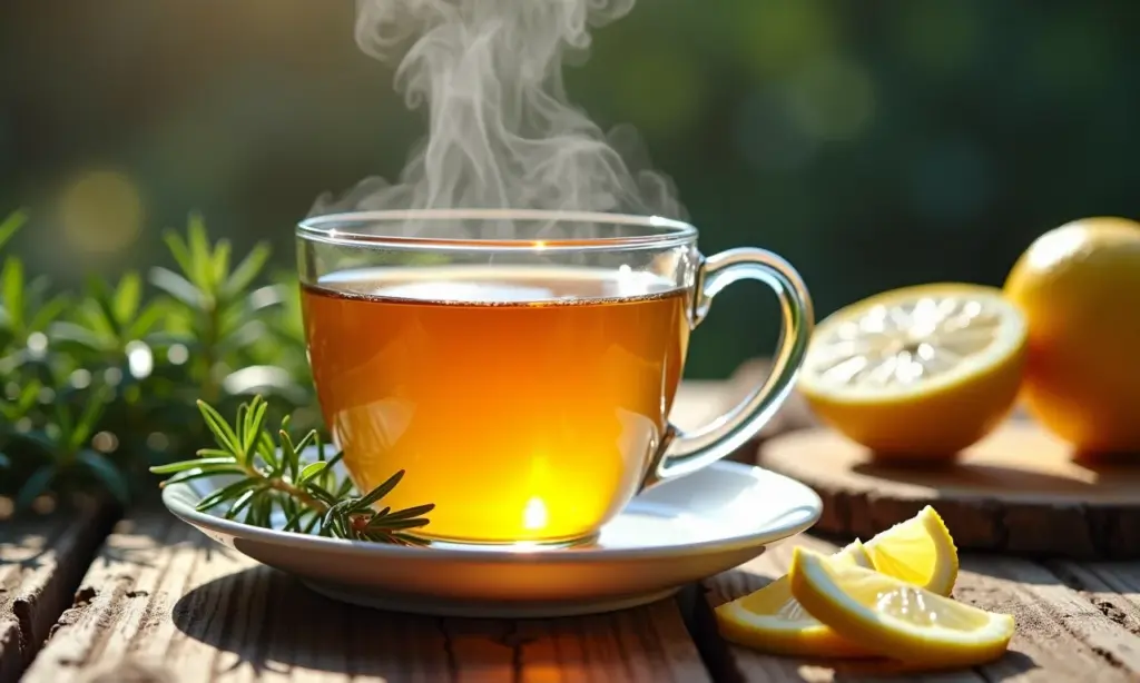 Xícara de chá de alecrim com limão fumegante em mesa rústica.
