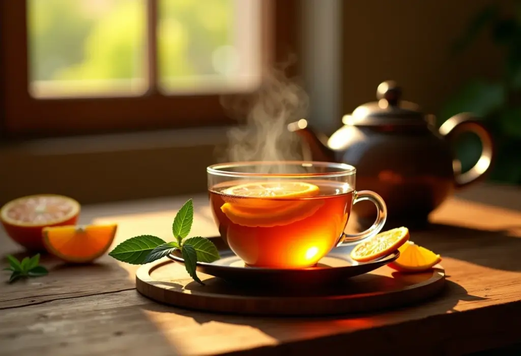 Xícara de chá de casca de laranja em mesa rústica