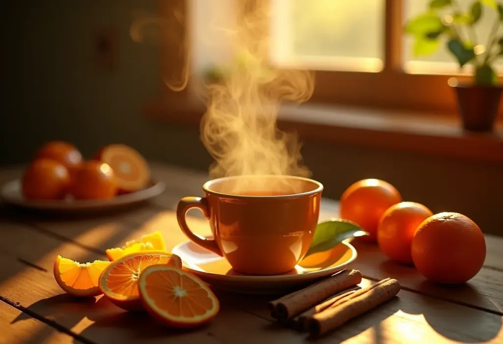 Xícara de chá de casca de laranja em mesa rústica.